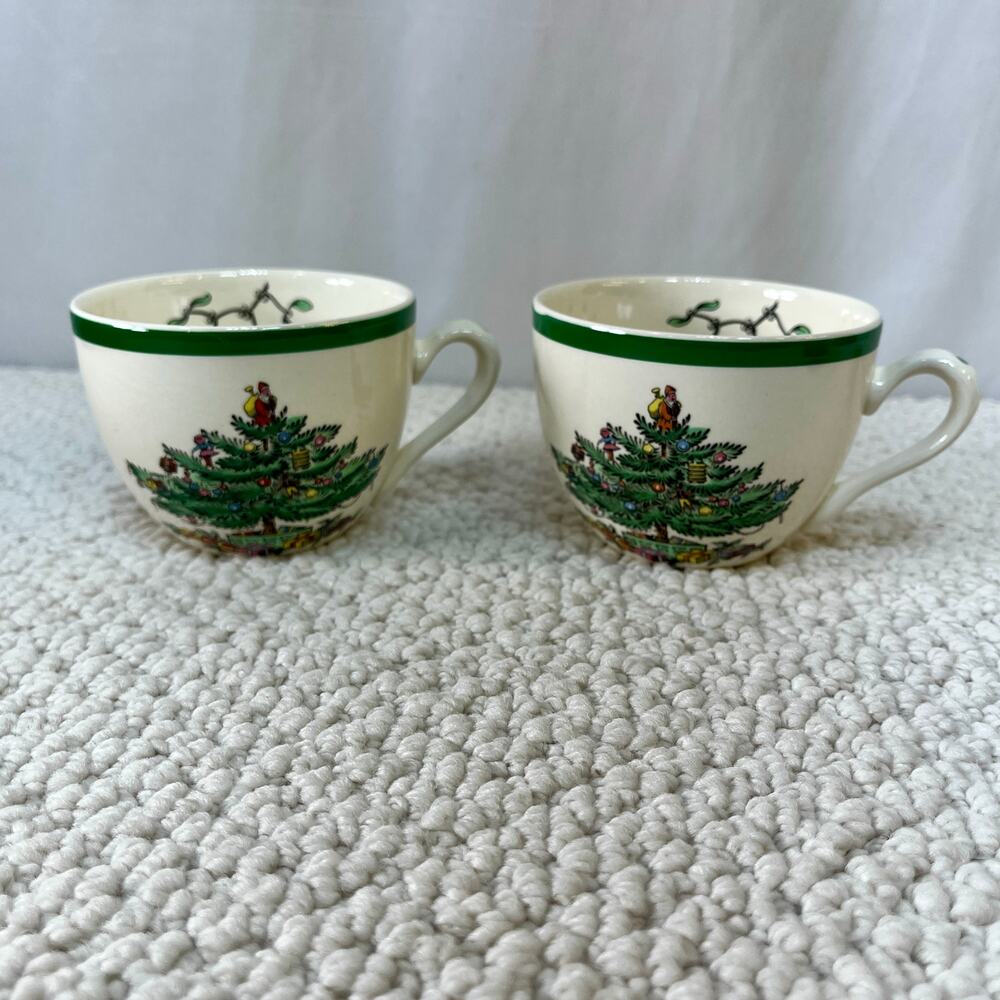 Flat Cups Christmas Tree by Spode England Lot of 2 Green Trim S3324 Bone China